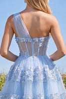 Laden Sie das Bild in den Galerie-Viewer, Floral, glitzerndes blaues Pailletten-A-Linie Schlüsselloch-Korsett, kurzes Homecoming-Kleid mit Rüschen
