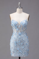Laden Sie das Bild in den Galerie-Viewer, Blumiges, glitzerndes blaues Korsett, enges, kurzes, trägerloses Homecoming-Kleid mit Perlen