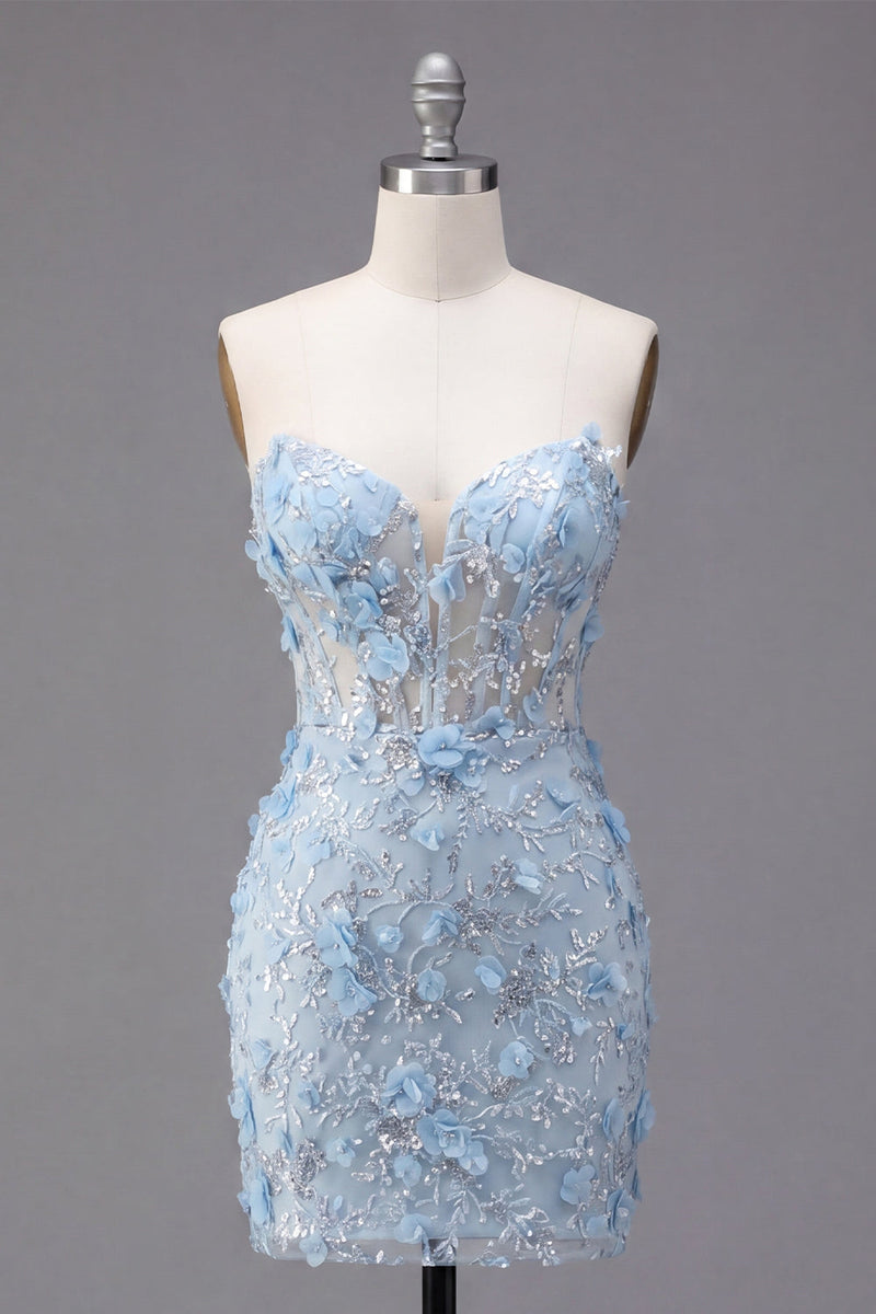 Laden Sie das Bild in den Galerie-Viewer, Blumiges, glitzerndes blaues Korsett, enges, kurzes, trägerloses Homecoming-Kleid mit Perlen