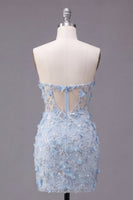 Laden Sie das Bild in den Galerie-Viewer, Blumiges, glitzerndes blaues Korsett, enges, kurzes, trägerloses Homecoming-Kleid mit Perlen