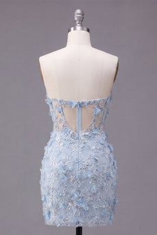 Blumiges, glitzerndes blaues Korsett, enges, kurzes, trägerloses Homecoming-Kleid mit Perlen