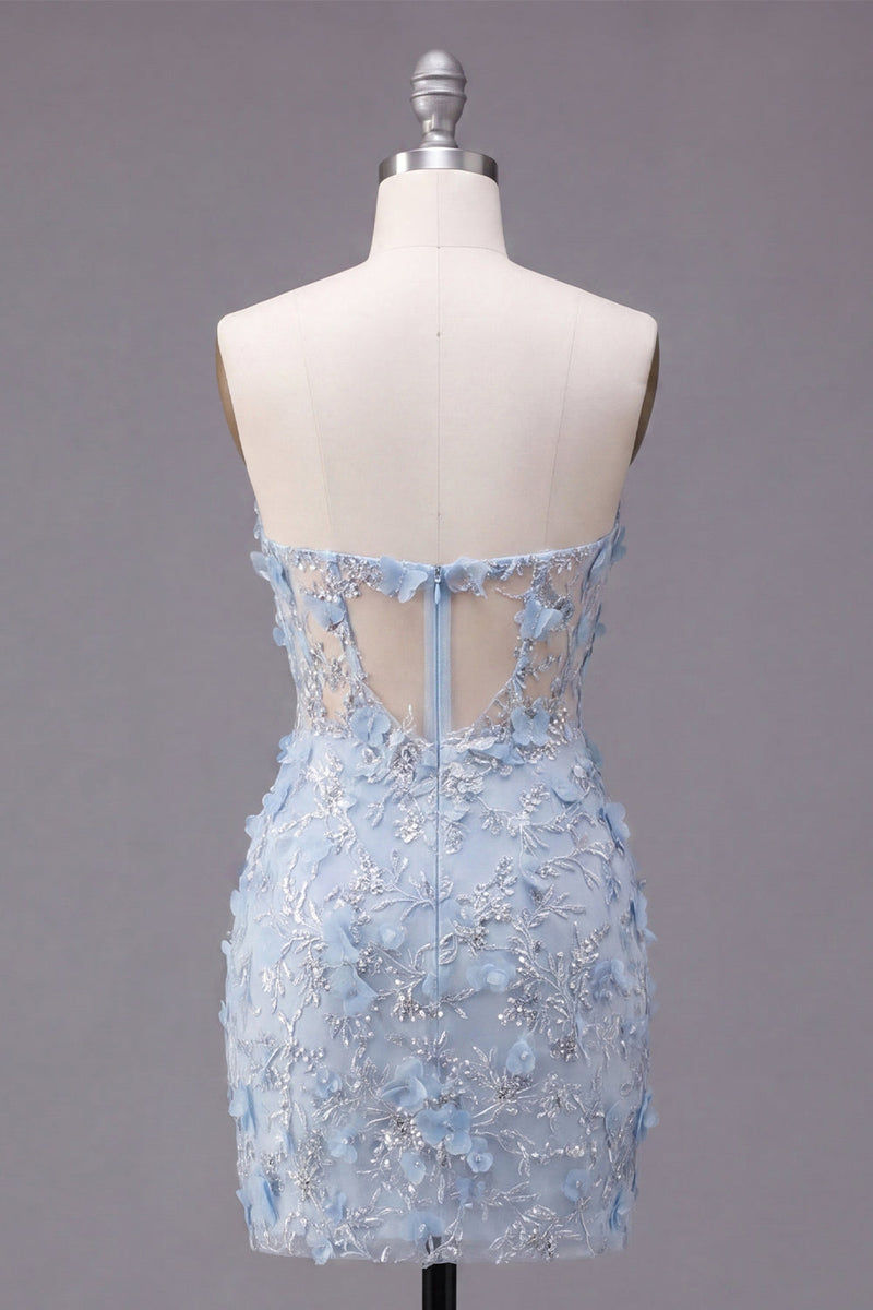 Laden Sie das Bild in den Galerie-Viewer, Blumiges, glitzerndes blaues Korsett, enges, kurzes, trägerloses Homecoming-Kleid mit Perlen