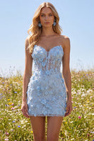 Laden Sie das Bild in den Galerie-Viewer, Blumiges, glitzerndes blaues Korsett, enges, kurzes, trägerloses Homecoming-Kleid mit Perlen