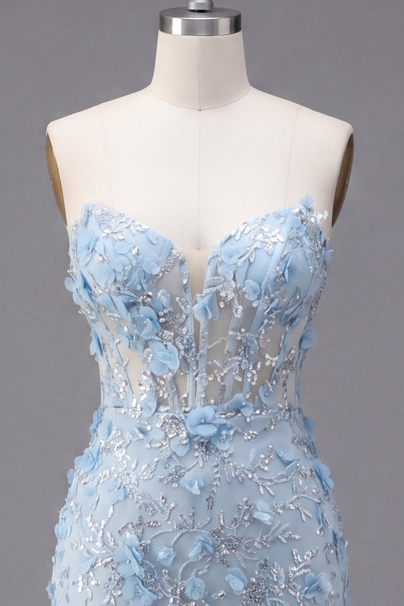 Laden Sie das Bild in den Galerie-Viewer, Blumiges, glitzerndes blaues Korsett, enges, kurzes, trägerloses Homecoming-Kleid mit Perlen