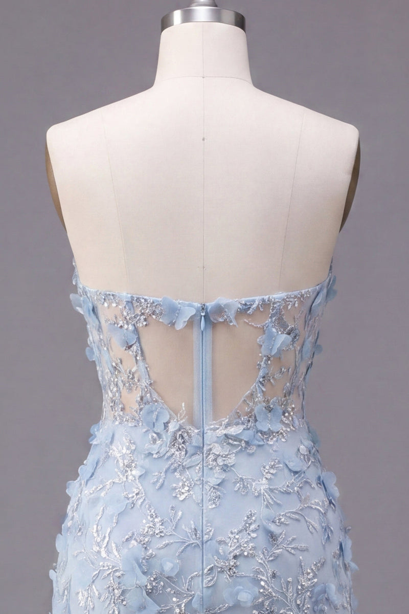 Laden Sie das Bild in den Galerie-Viewer, Blumiges, glitzerndes blaues Korsett, enges, kurzes, trägerloses Homecoming-Kleid mit Perlen