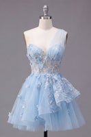 Laden Sie das Bild in den Galerie-Viewer, Glitzerndes blaues, perlenbesetztes Korsett, Blumenmuster A-Linie kurzes Homecoming-Kleid mit Rüschen