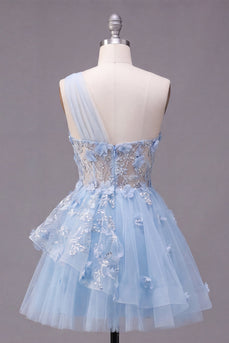 Glitzerndes blaues, perlenbesetztes Korsett, Blumenmuster A-Linie kurzes Homecoming-Kleid mit Rüschen