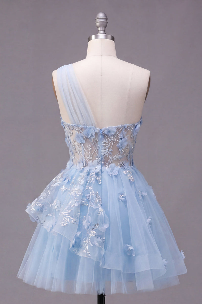 Laden Sie das Bild in den Galerie-Viewer, Glitzerndes blaues, perlenbesetztes Korsett, Blumenmuster A-Linie kurzes Homecoming-Kleid mit Rüschen