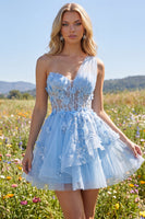 Laden Sie das Bild in den Galerie-Viewer, Glitzerndes blaues, perlenbesetztes Korsett, Blumenmuster A-Linie kurzes Homecoming-Kleid mit Rüschen