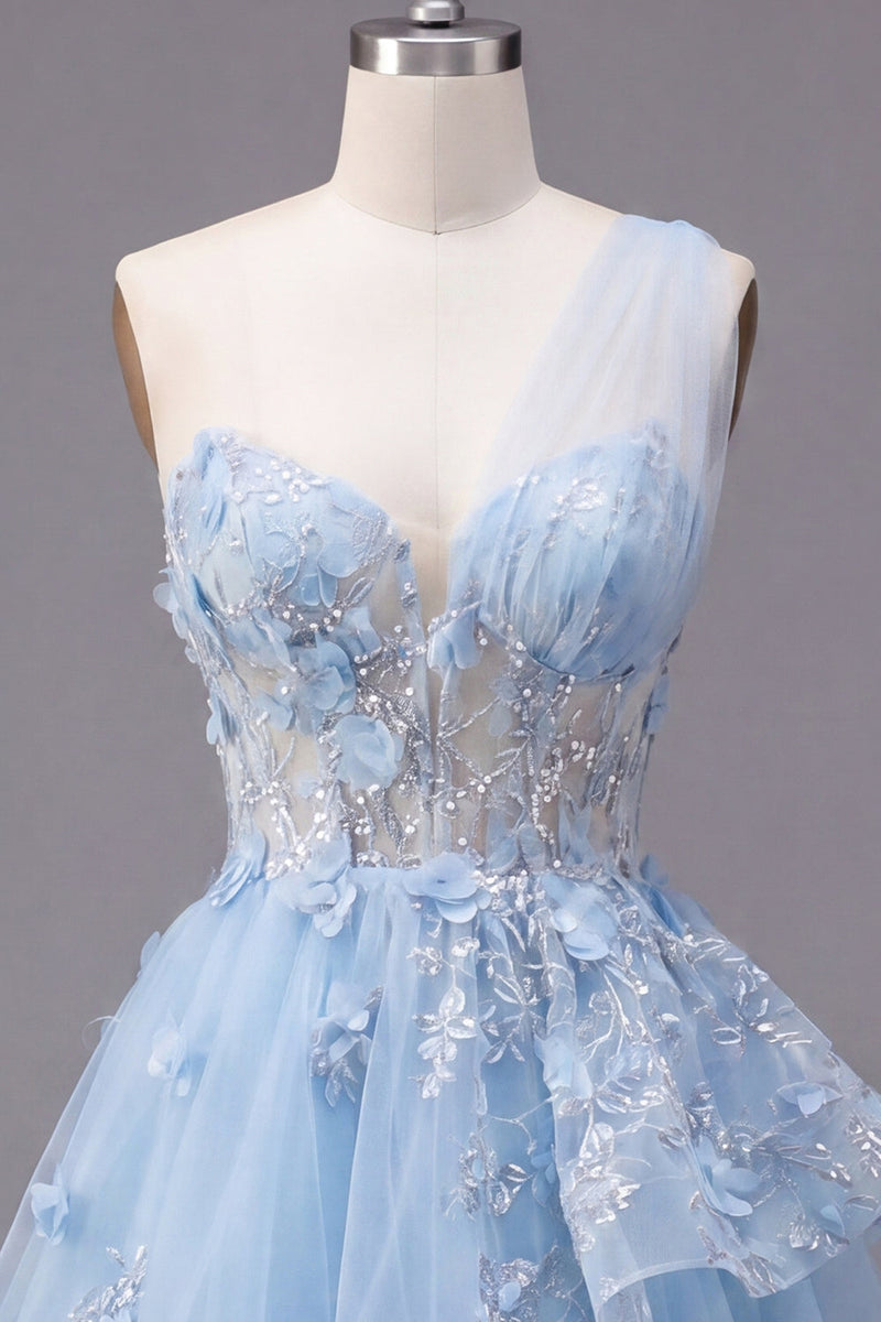 Laden Sie das Bild in den Galerie-Viewer, Glitzerndes blaues, perlenbesetztes Korsett, Blumenmuster A-Linie kurzes Homecoming-Kleid mit Rüschen