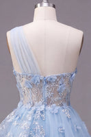 Laden Sie das Bild in den Galerie-Viewer, Glitzerndes blaues, perlenbesetztes Korsett, Blumenmuster A-Linie kurzes Homecoming-Kleid mit Rüschen