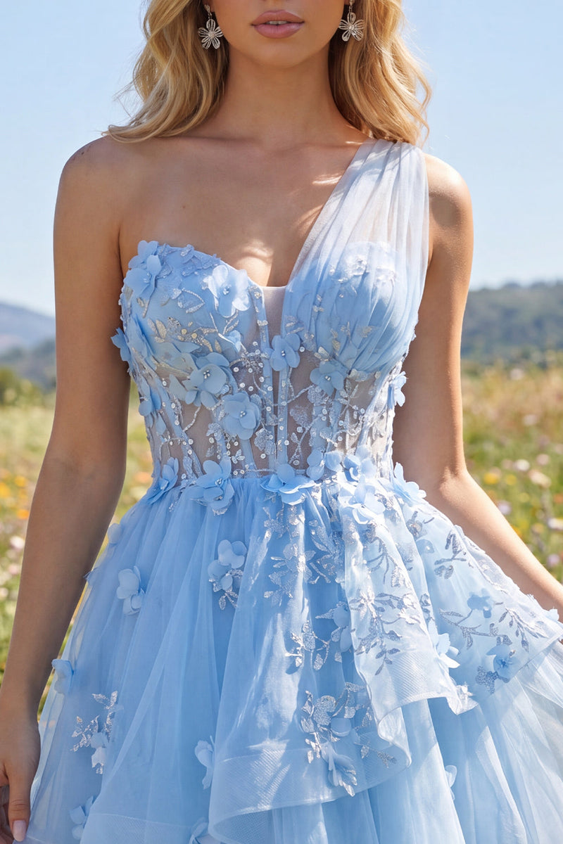 Laden Sie das Bild in den Galerie-Viewer, Glitzerndes blaues, perlenbesetztes Korsett, Blumenmuster A-Linie kurzes Homecoming-Kleid mit Rüschen