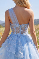 Laden Sie das Bild in den Galerie-Viewer, Glitzerndes blaues, perlenbesetztes Korsett, Blumenmuster A-Linie kurzes Homecoming-Kleid mit Rüschen