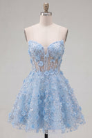 Laden Sie das Bild in den Galerie-Viewer, Glitzerndes blaues A-Linie florales Korsett, kurzes, trägerloses Homecoming-Kleid mit Perlen