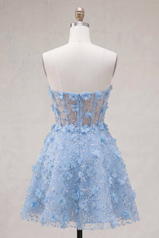 Glitzerndes blaues A-Linie florales Korsett, kurzes, trägerloses Homecoming-Kleid mit Perlen