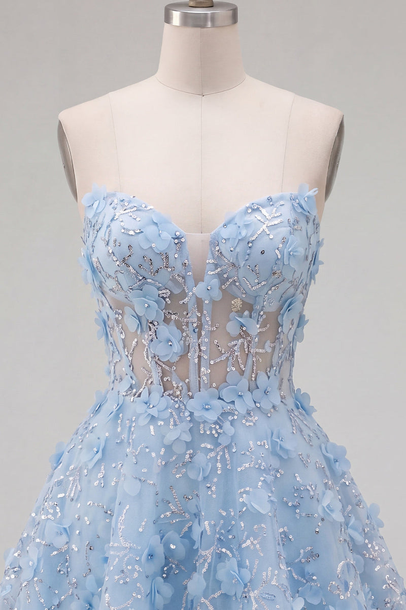 Laden Sie das Bild in den Galerie-Viewer, Glitzerndes blaues A-Linie florales Korsett, kurzes, trägerloses Homecoming-Kleid mit Perlen
