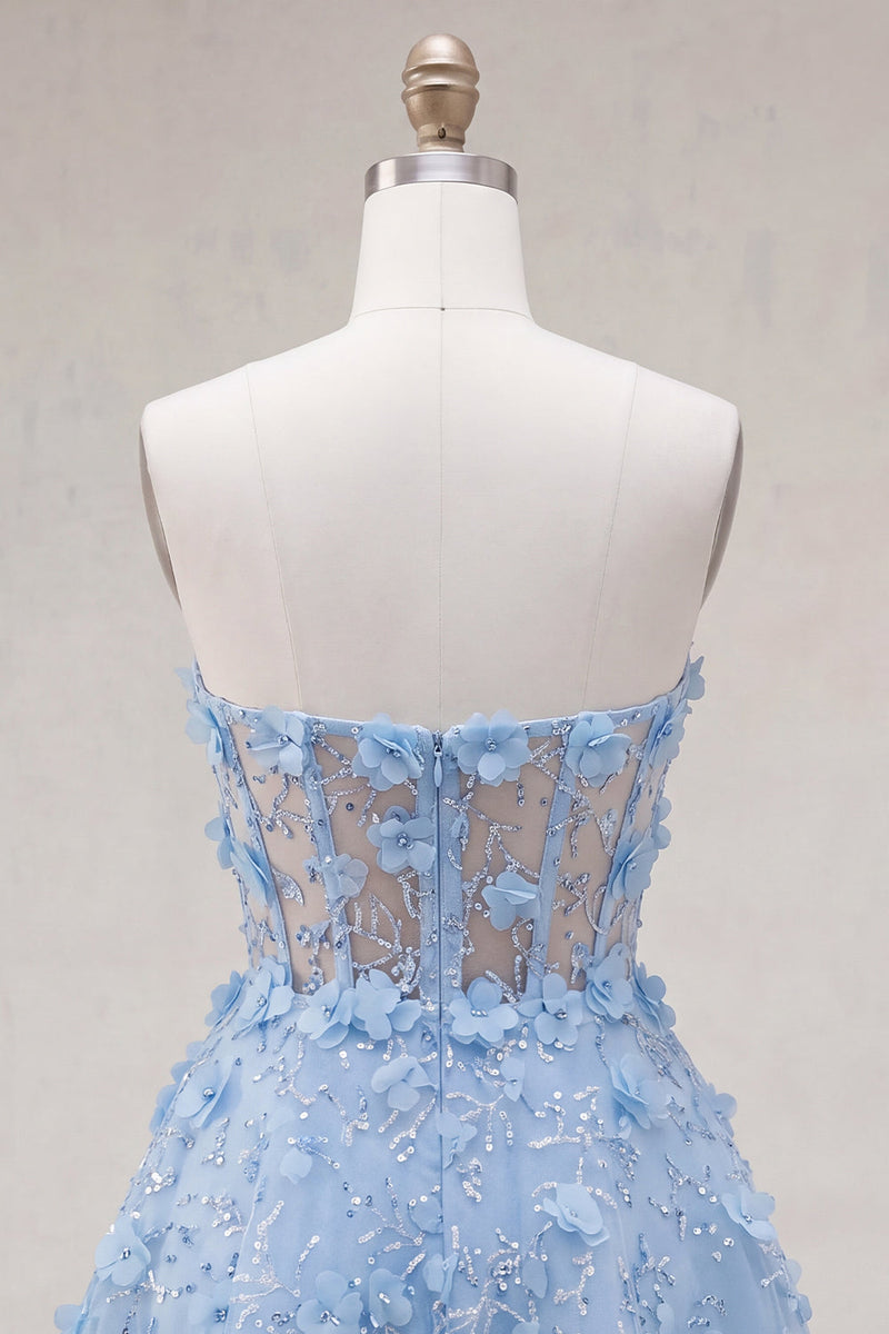 Laden Sie das Bild in den Galerie-Viewer, Glitzerndes blaues A-Linie florales Korsett, kurzes, trägerloses Homecoming-Kleid mit Perlen