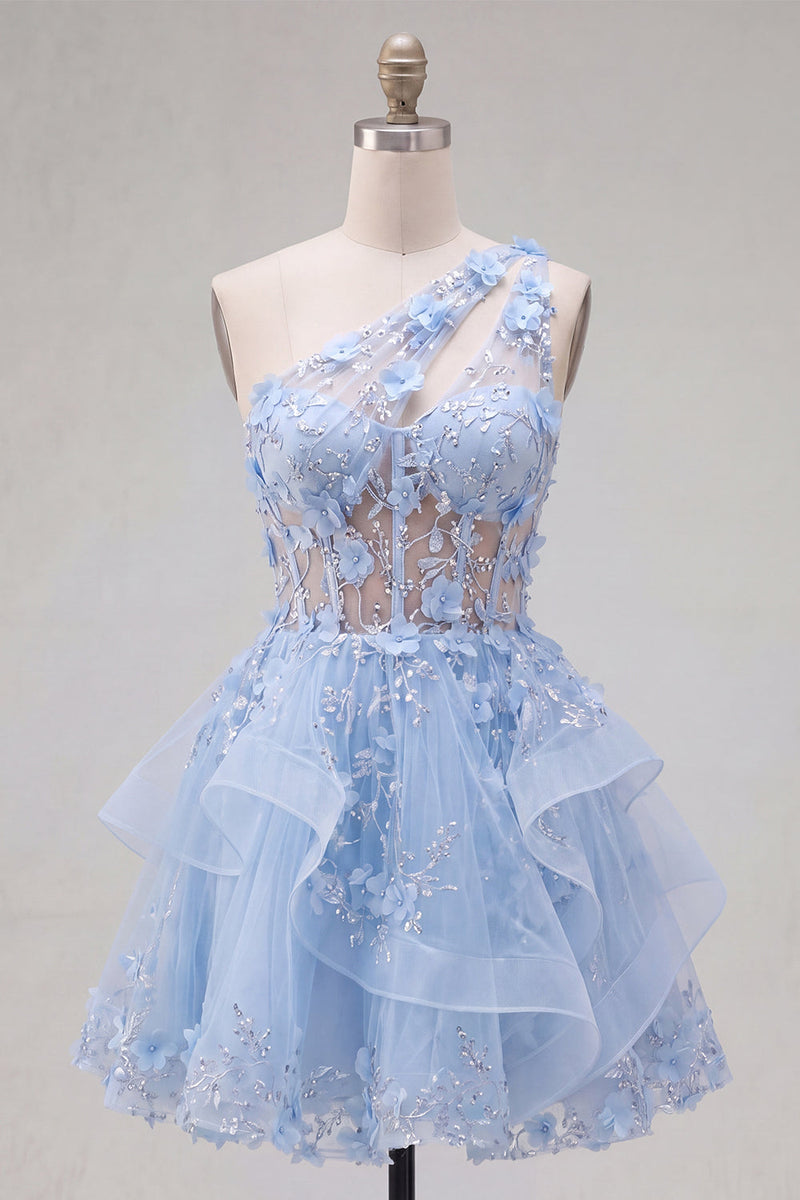 Laden Sie das Bild in den Galerie-Viewer, Glitzerndes blaues Schlüsselloch-Perlen-Korsett, Blumen-A-Linie Homecoming-Kleid mit Rüschen