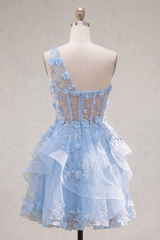 Glitzerndes blaues Schlüsselloch-Perlen-Korsett, Blumen-A-Linie Homecoming-Kleid mit Rüschen