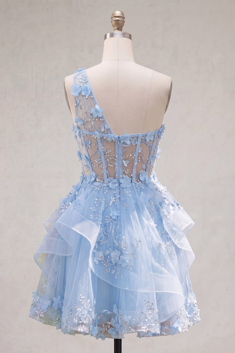 Laden Sie das Bild in den Galerie-Viewer, Glitzerndes blaues Schlüsselloch-Perlen-Korsett, Blumen-A-Linie Homecoming-Kleid mit Rüschen