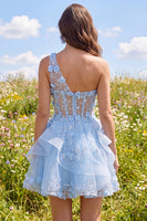 Laden Sie das Bild in den Galerie-Viewer, Glitzerndes blaues Schlüsselloch-Perlen-Korsett, Blumen-A-Linie Homecoming-Kleid mit Rüschen