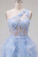 Laden Sie das Bild in den Galerie-Viewer, Glitzerndes blaues Schlüsselloch-Perlen-Korsett, Blumen-A-Linie Homecoming-Kleid mit Rüschen