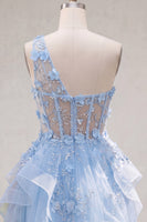 Laden Sie das Bild in den Galerie-Viewer, Glitzerndes blaues Schlüsselloch-Perlen-Korsett, Blumen-A-Linie Homecoming-Kleid mit Rüschen