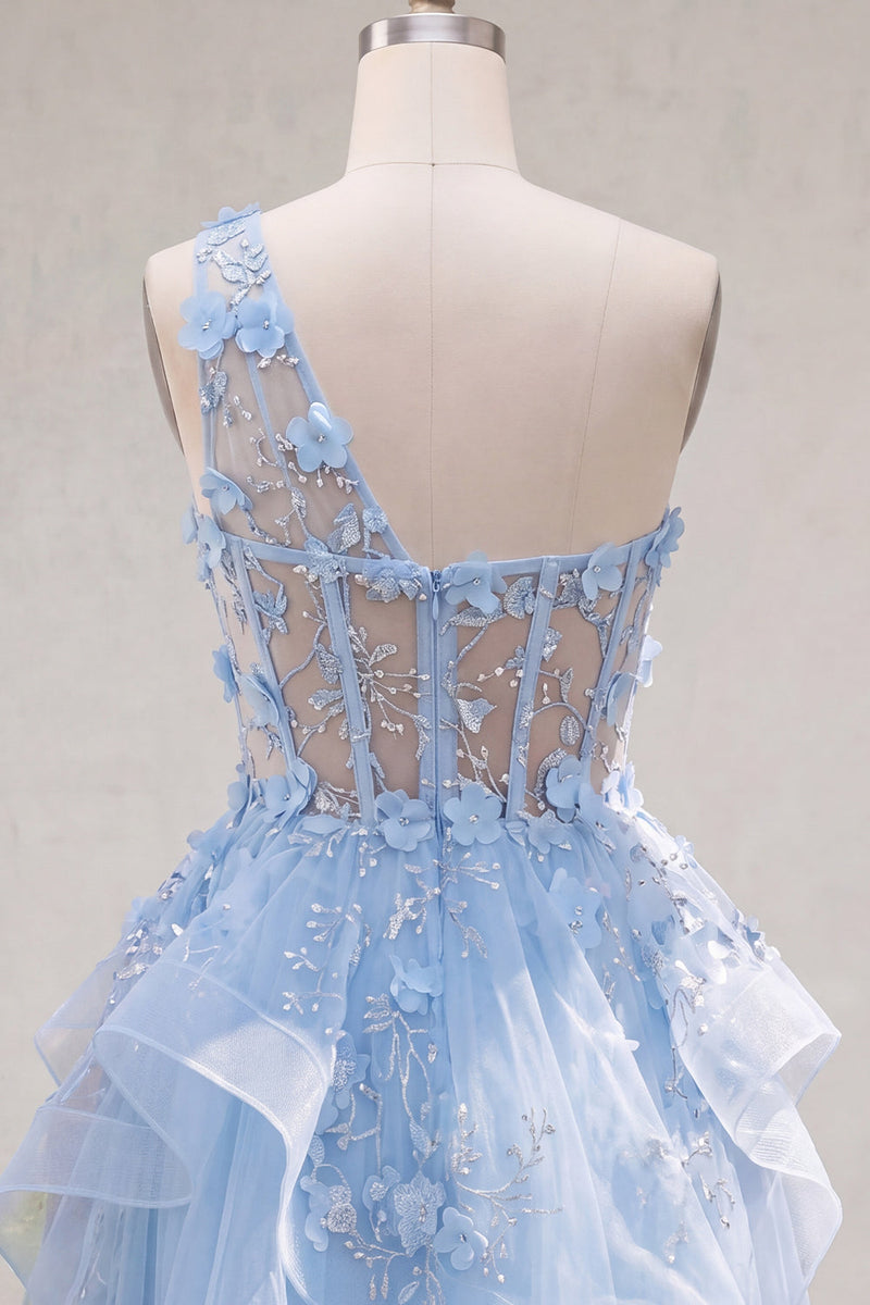 Laden Sie das Bild in den Galerie-Viewer, Glitzerndes blaues Schlüsselloch-Perlen-Korsett, Blumen-A-Linie Homecoming-Kleid mit Rüschen