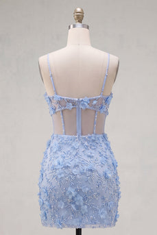 Blumiges glitzerndes blaues Korsett, kurz perlenbesetztes Homecoming-Kleid mit Schnitt