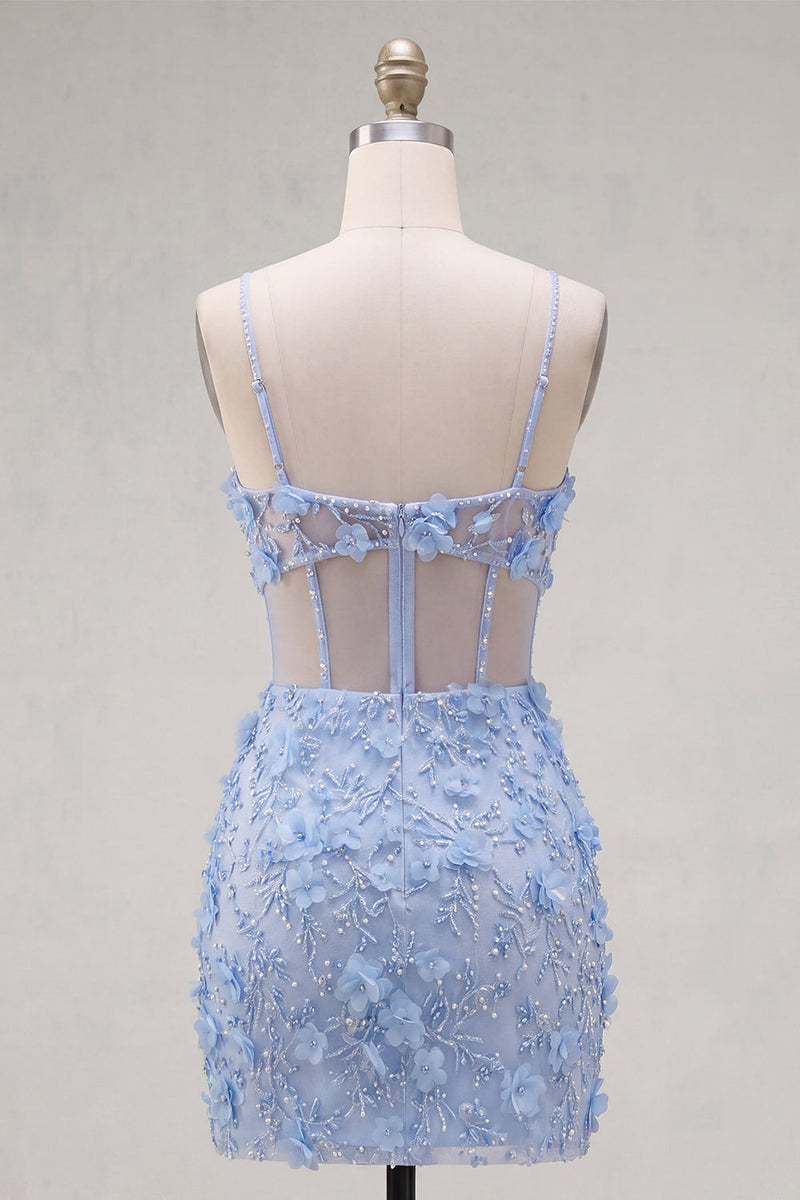 Laden Sie das Bild in den Galerie-Viewer, Blumiges glitzerndes blaues Korsett, kurz perlenbesetztes Homecoming-Kleid mit Schnitt