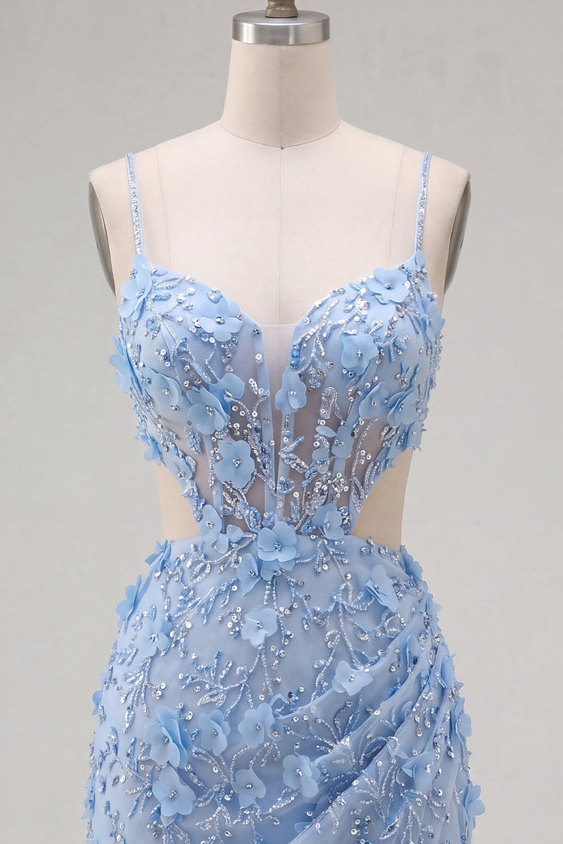 Laden Sie das Bild in den Galerie-Viewer, Blumiges glitzerndes blaues Korsett, kurz perlenbesetztes Homecoming-Kleid mit Schnitt
