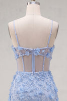 Laden Sie das Bild in den Galerie-Viewer, Blumiges glitzerndes blaues Korsett, kurz perlenbesetztes Homecoming-Kleid mit Schnitt
