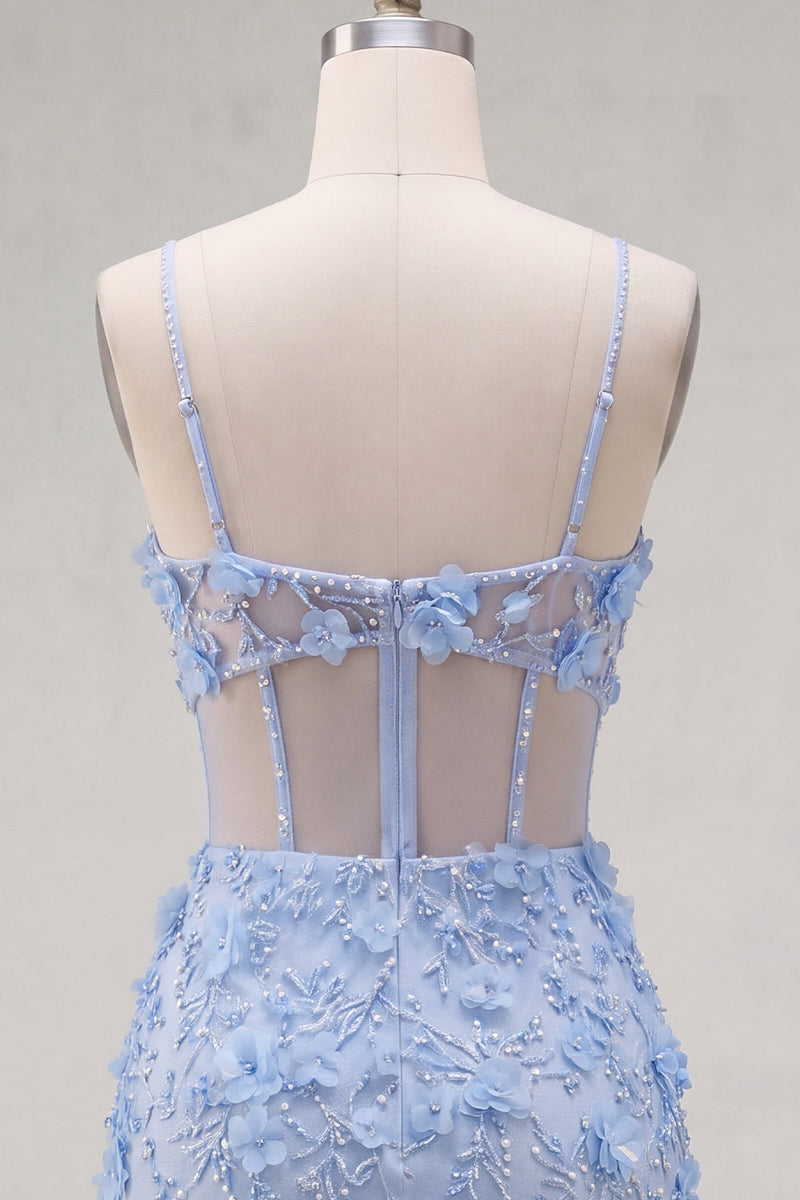Laden Sie das Bild in den Galerie-Viewer, Blumiges glitzerndes blaues Korsett, kurz perlenbesetztes Homecoming-Kleid mit Schnitt