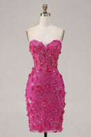 Laden Sie das Bild in den Galerie-Viewer, Glitzerndes fuksiafarbenes Blumen-Sweetheart enges Korsett-Homecoming-Kleid mit Perlen