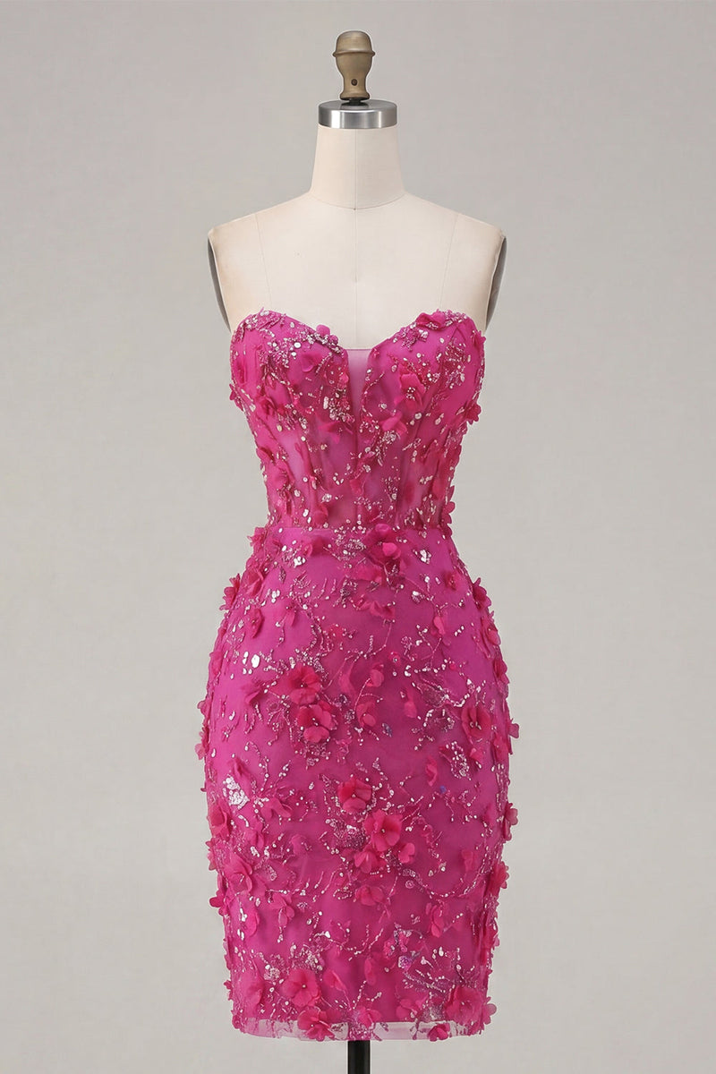 Laden Sie das Bild in den Galerie-Viewer, Glitzerndes fuksiafarbenes Blumen-Sweetheart enges Korsett-Homecoming-Kleid mit Perlen