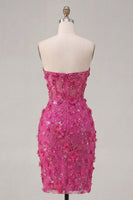 Laden Sie das Bild in den Galerie-Viewer, Glitzerndes fuksiafarbenes Blumen-Sweetheart enges Korsett-Homecoming-Kleid mit Perlen