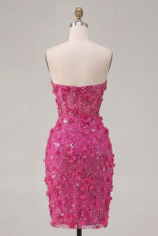 Glitzerndes fuksiafarbenes Blumen-Sweetheart enges Korsett-Homecoming-Kleid mit Perlen