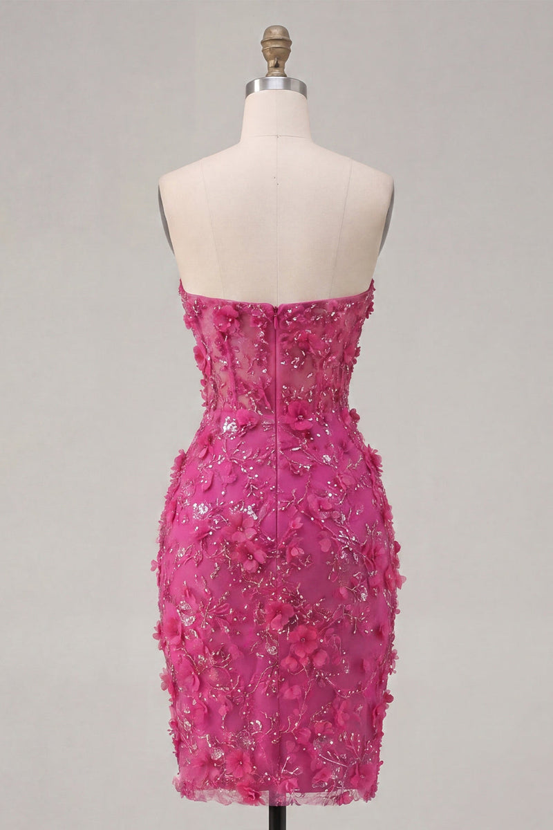 Laden Sie das Bild in den Galerie-Viewer, Glitzerndes fuksiafarbenes Blumen-Sweetheart enges Korsett-Homecoming-Kleid mit Perlen