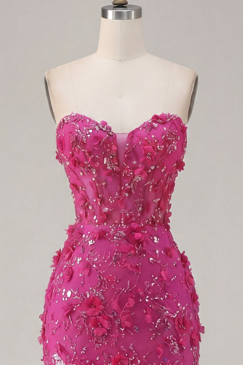 Laden Sie das Bild in den Galerie-Viewer, Glitzerndes fuksiafarbenes Blumen-Sweetheart enges Korsett-Homecoming-Kleid mit Perlen