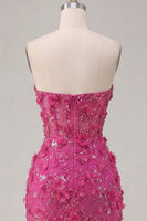 Laden Sie das Bild in den Galerie-Viewer, Glitzerndes fuksiafarbenes Blumen-Sweetheart enges Korsett-Homecoming-Kleid mit Perlen