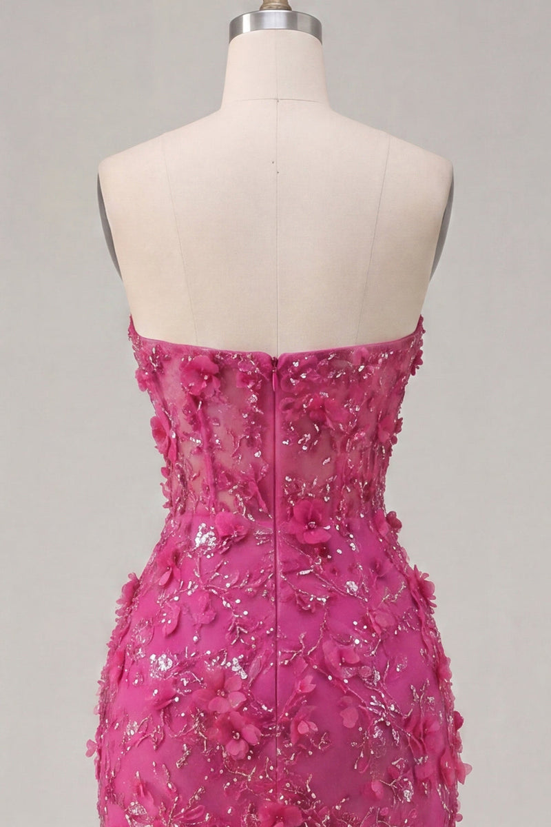 Laden Sie das Bild in den Galerie-Viewer, Glitzerndes fuksiafarbenes Blumen-Sweetheart enges Korsett-Homecoming-Kleid mit Perlen