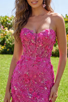 Laden Sie das Bild in den Galerie-Viewer, Glitzerndes fuksiafarbenes Blumen-Sweetheart enges Korsett-Homecoming-Kleid mit Perlen