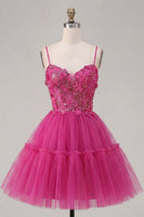 Laden Sie das Bild in den Galerie-Viewer, Glitzerndes Fuchsia A Line geblümtes Korsett, kurzes Korsett, Spaghetti-Träger, Homecoming-Kleid