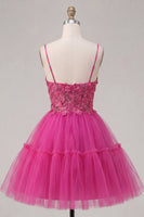Laden Sie das Bild in den Galerie-Viewer, Glitzerndes Fuchsia A Line geblümtes Korsett, kurzes Korsett, Spaghetti-Träger, Homecoming-Kleid