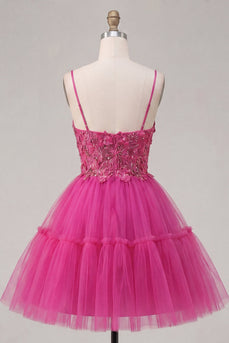 Glitzerndes Fuchsia A Line geblümtes Korsett, kurzes Korsett, Spaghetti-Träger, Homecoming-Kleid
