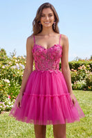 Laden Sie das Bild in den Galerie-Viewer, Glitzerndes Fuchsia A Line geblümtes Korsett, kurzes Korsett, Spaghetti-Träger, Homecoming-Kleid