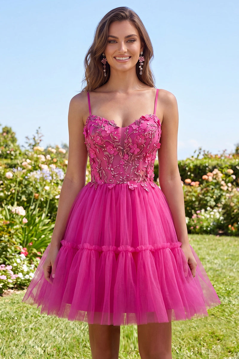 Laden Sie das Bild in den Galerie-Viewer, Glitzerndes Fuchsia A Line geblümtes Korsett, kurzes Korsett, Spaghetti-Träger, Homecoming-Kleid