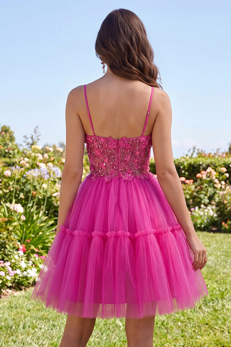 Laden Sie das Bild in den Galerie-Viewer, Glitzerndes Fuchsia A Line geblümtes Korsett, kurzes Korsett, Spaghetti-Träger, Homecoming-Kleid