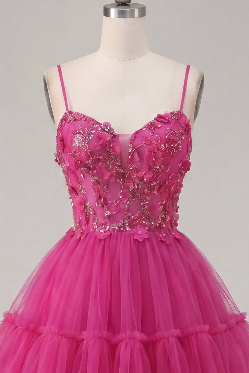 Laden Sie das Bild in den Galerie-Viewer, Glitzerndes Fuchsia A Line geblümtes Korsett, kurzes Korsett, Spaghetti-Träger, Homecoming-Kleid
