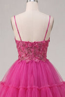Laden Sie das Bild in den Galerie-Viewer, Glitzerndes Fuchsia A Line geblümtes Korsett, kurzes Korsett, Spaghetti-Träger, Homecoming-Kleid